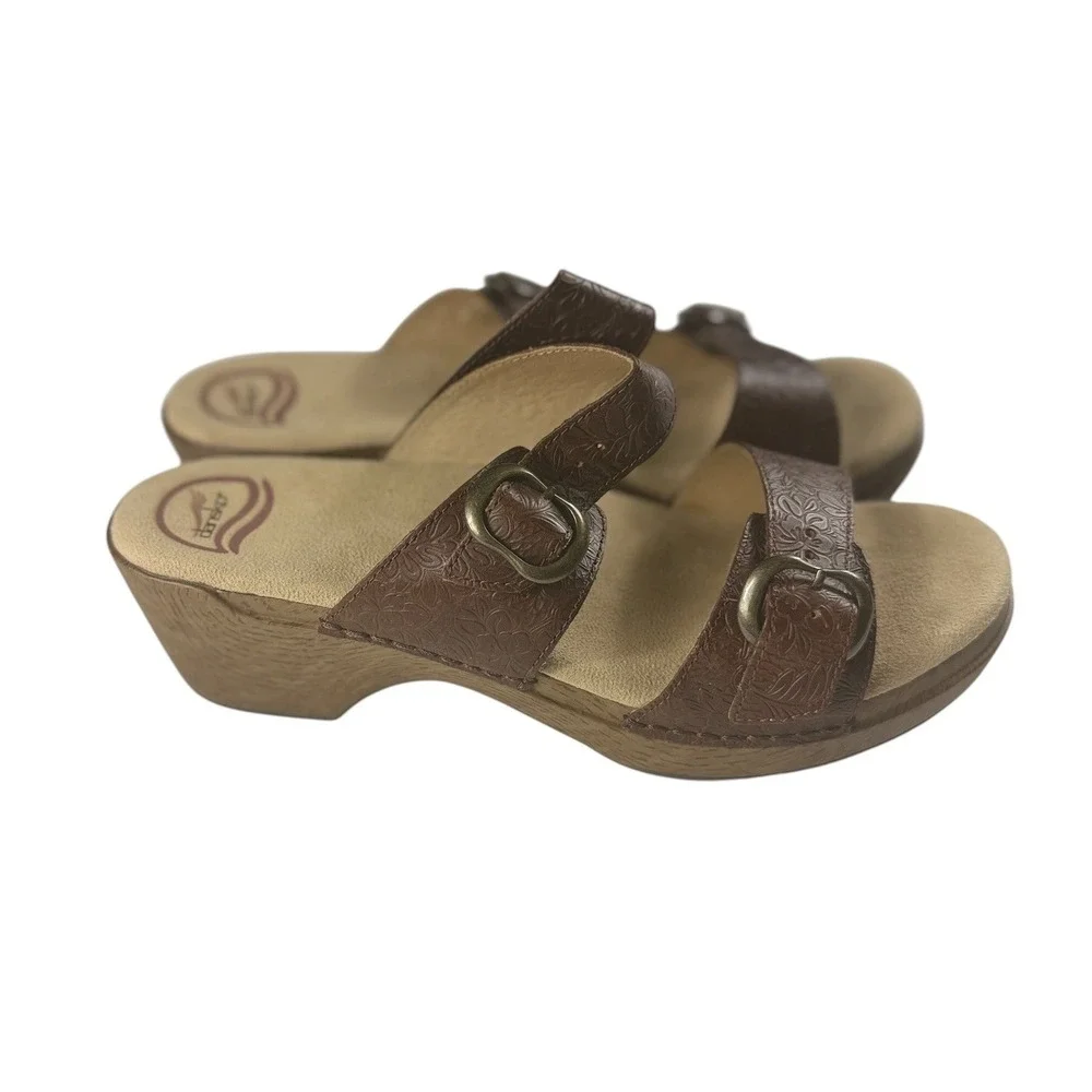 Dansko Sophie Floral Tooled Brown Leather Slide Sandals EU 41 US 10.5